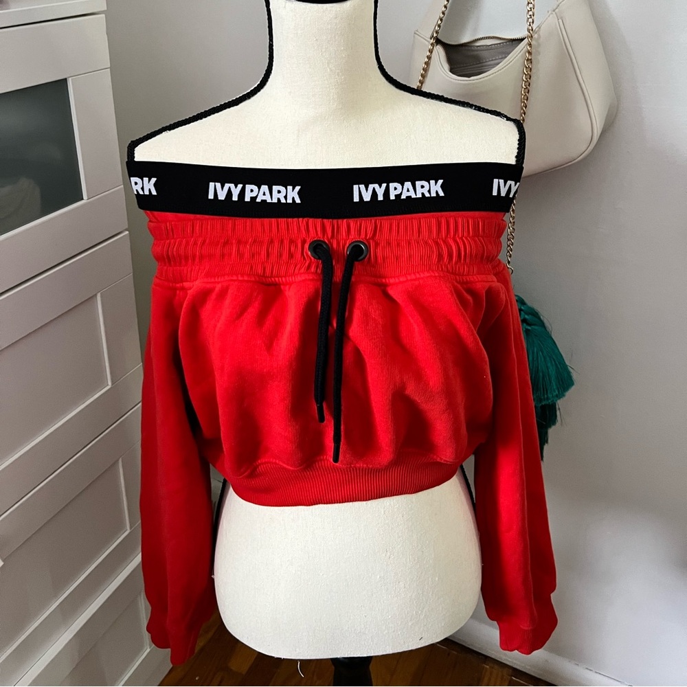Ivy Park Red Off the Shoulder Cropped Sweatshirt